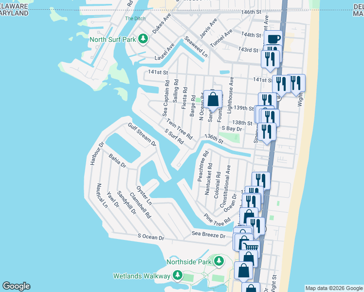 map of restaurants, bars, coffee shops, grocery stores, and more near 507 South Surf Road in Ocean City