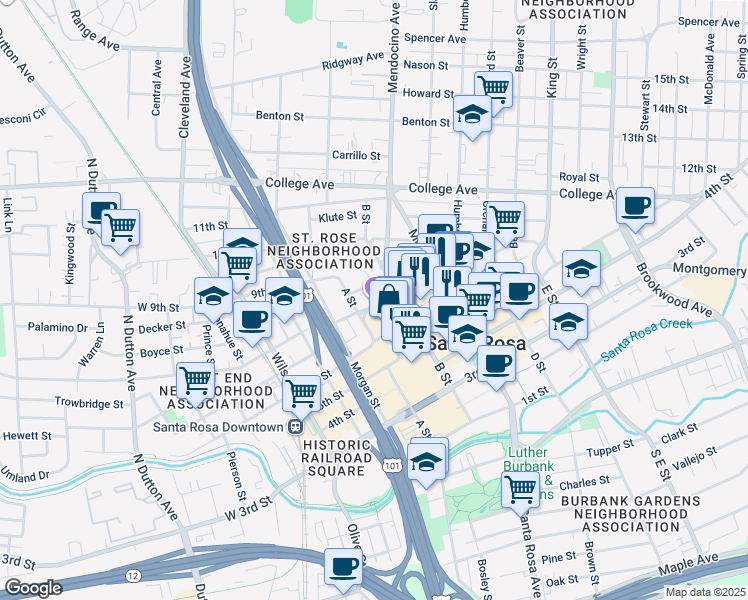 map of restaurants, bars, coffee shops, grocery stores, and more near 425 7th Street in Santa Rosa