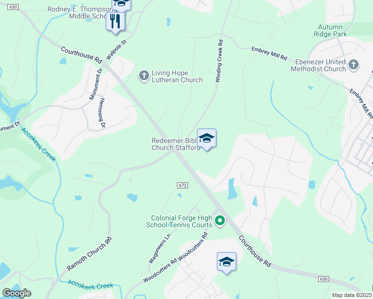 map of restaurants, bars, coffee shops, grocery stores, and more near 423 Courthouse Road in Stafford