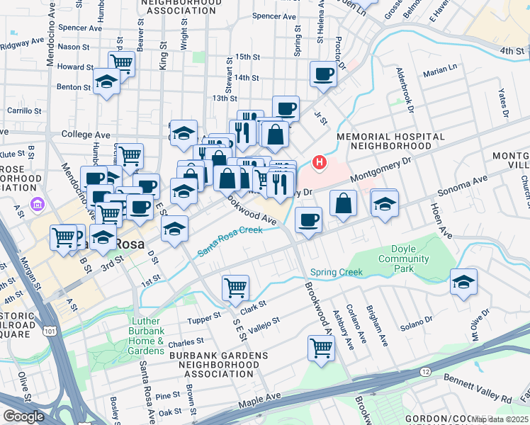 map of restaurants, bars, coffee shops, grocery stores, and more near 100 Brookwood Avenue in Santa Rosa