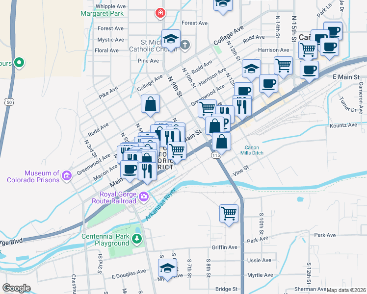 map of restaurants, bars, coffee shops, grocery stores, and more near 728 Main Street in Cañon City