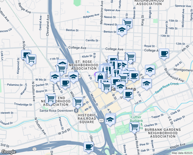 map of restaurants, bars, coffee shops, grocery stores, and more near 433 7th Street in Santa Rosa