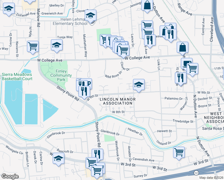 map of restaurants, bars, coffee shops, grocery stores, and more near 721 Blair Place in Santa Rosa