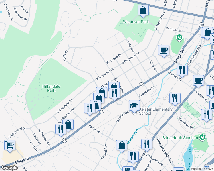 map of restaurants, bars, coffee shops, grocery stores, and more near 914 Chestnut Drive in Harrisonburg