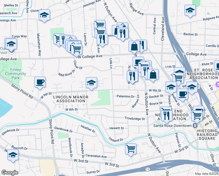 map of restaurants, bars, coffee shops, grocery stores, and more near 807 West 9th Street in Santa Rosa