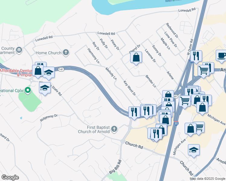 map of restaurants, bars, coffee shops, grocery stores, and more near 1908 Casa Drive in Arnold