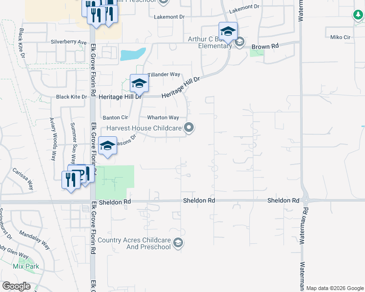 map of restaurants, bars, coffee shops, grocery stores, and more near 8699 Quiet Dawn Court in Elk Grove