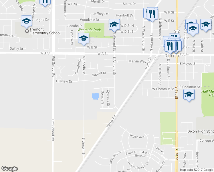 map of restaurants, bars, coffee shops, grocery stores, and more near 850 Mayfair Drive in Dixon