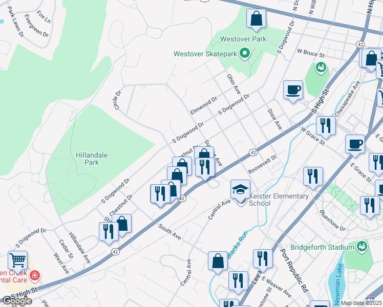 map of restaurants, bars, coffee shops, grocery stores, and more near 914 Chestnut Drive in Harrisonburg