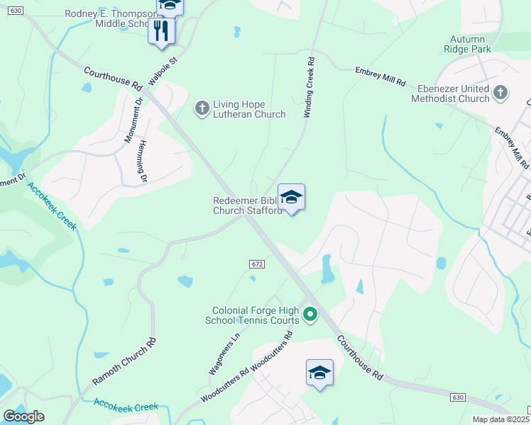 map of restaurants, bars, coffee shops, grocery stores, and more near 423 Courthouse Road in Stafford