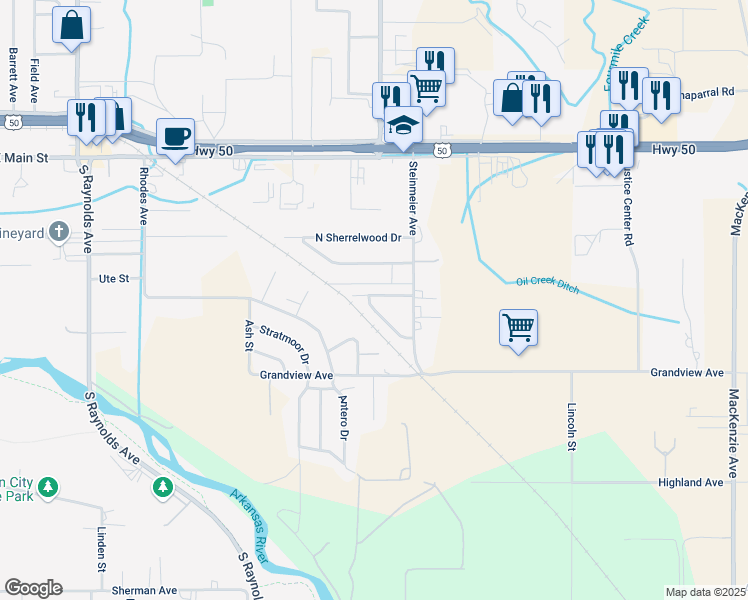 map of restaurants, bars, coffee shops, grocery stores, and more near 3036 North Cranberry Loop in Cañon City