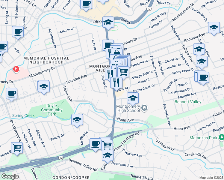 map of restaurants, bars, coffee shops, grocery stores, and more near 724 Church Street in Santa Rosa