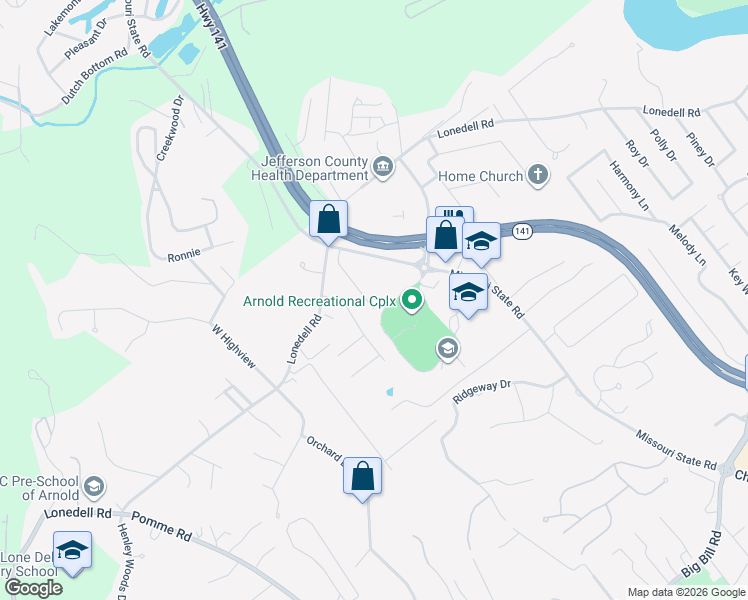 map of restaurants, bars, coffee shops, grocery stores, and more near 1664 Kirkham Drive in Arnold