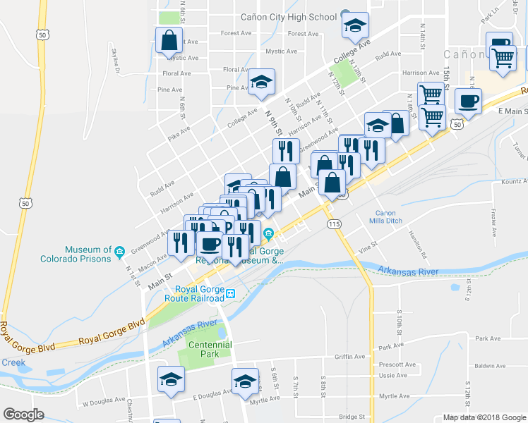 map of restaurants, bars, coffee shops, grocery stores, and more near 631 Main St in Cañon City