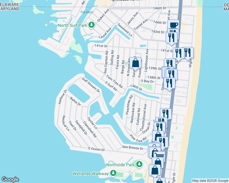 map of restaurants, bars, coffee shops, grocery stores, and more near 507 S Surf Rd in Ocean City