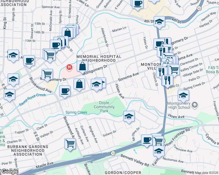 map of restaurants, bars, coffee shops, grocery stores, and more near 613 Codding Drive in Santa Rosa
