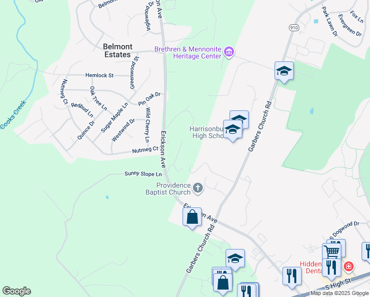 map of restaurants, bars, coffee shops, grocery stores, and more near 1050 Kiln Drive in Harrisonburg