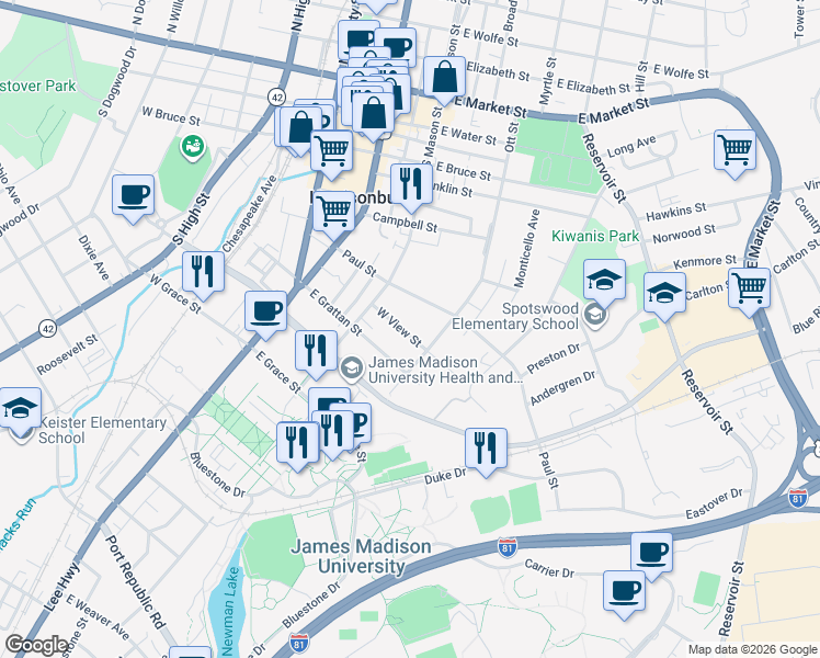 map of restaurants, bars, coffee shops, grocery stores, and more near 262 West View Street in Harrisonburg
