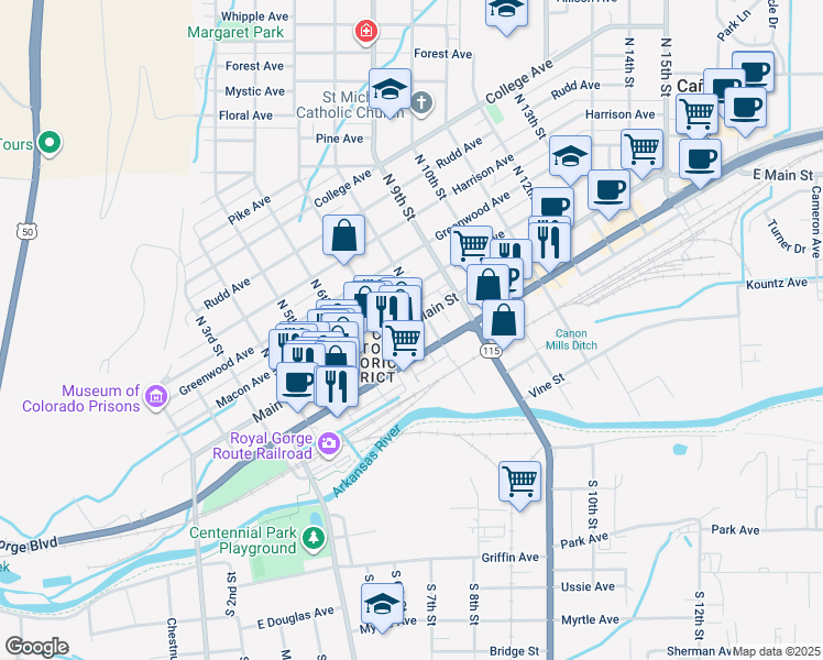 map of restaurants, bars, coffee shops, grocery stores, and more near 728 Main Street in Cañon City