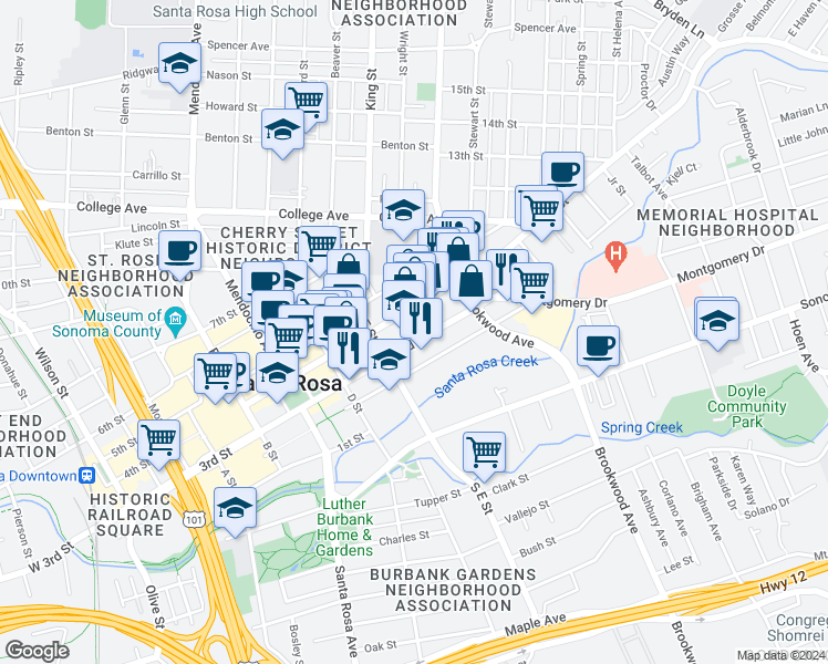 map of restaurants, bars, coffee shops, grocery stores, and more near 839 3rd Street in Santa Rosa