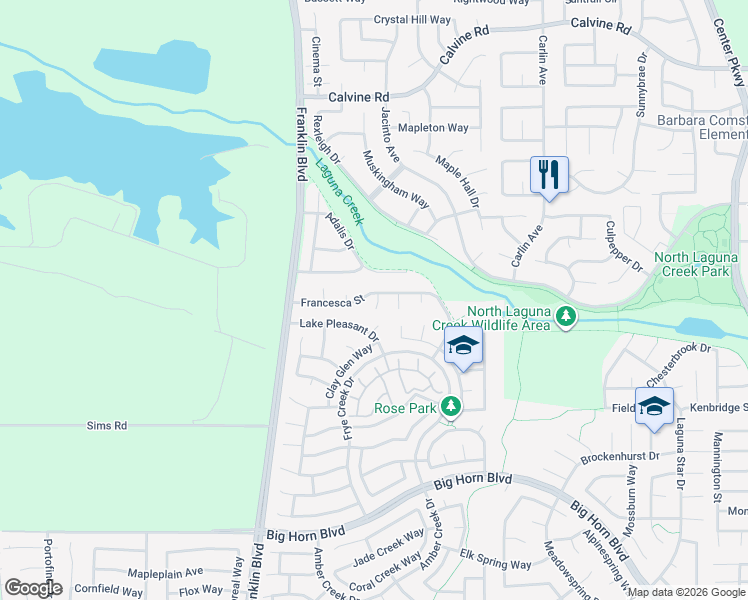 map of restaurants, bars, coffee shops, grocery stores, and more near 5280 Francesca Street in Elk Grove
