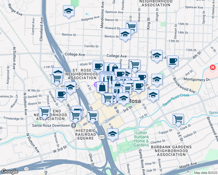 map of restaurants, bars, coffee shops, grocery stores, and more near 522 7th Street in Santa Rosa