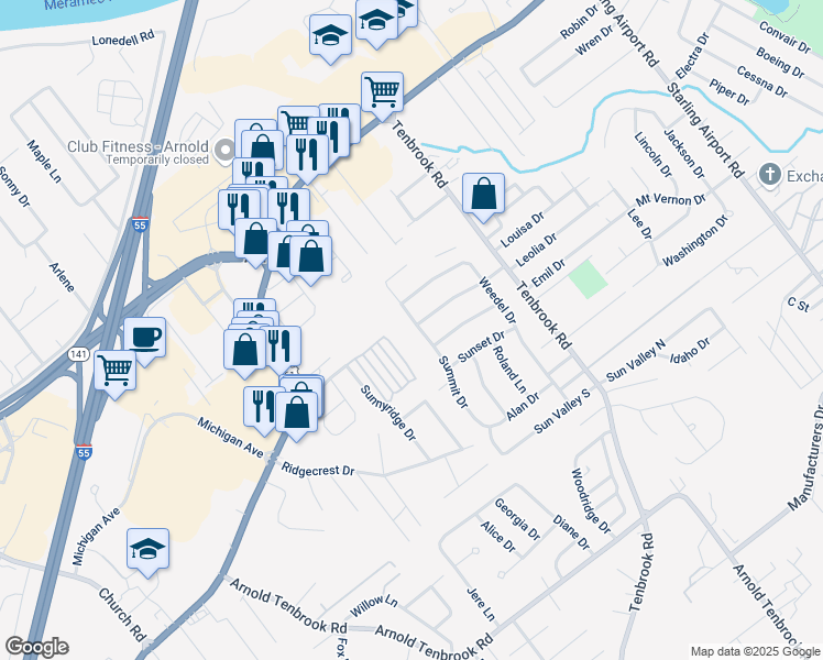 map of restaurants, bars, coffee shops, grocery stores, and more near 2255 Summit Drive in Arnold
