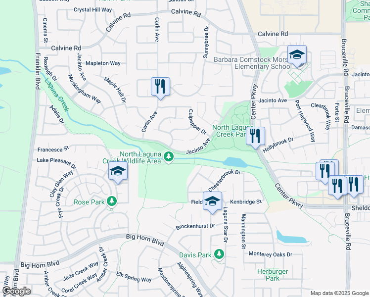 map of restaurants, bars, coffee shops, grocery stores, and more near 6141 Jacinto Avenue in Sacramento