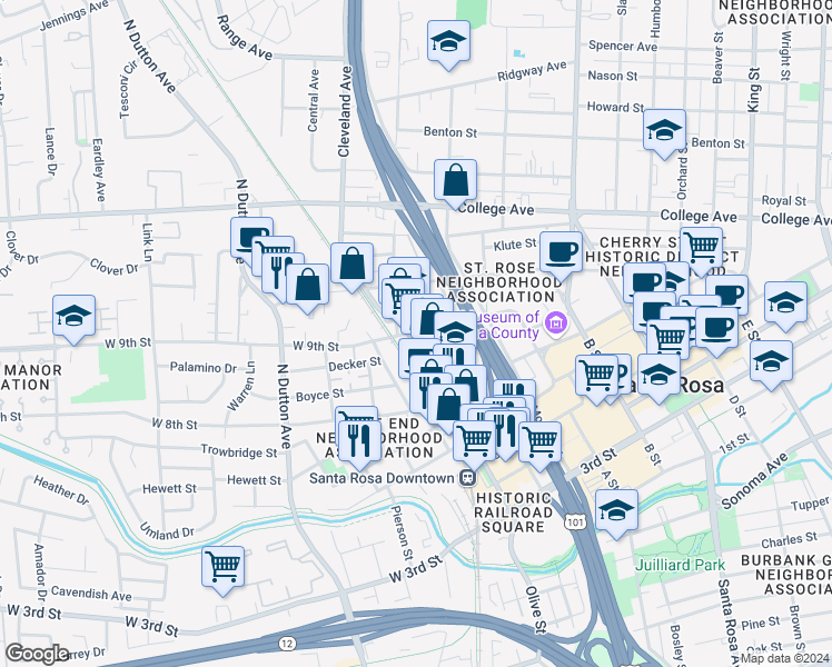map of restaurants, bars, coffee shops, grocery stores, and more near 104 9th Street in Santa Rosa