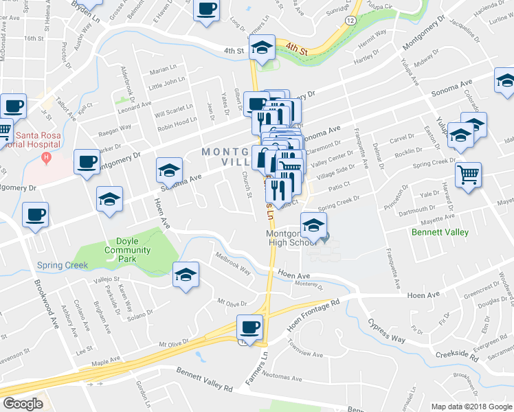 map of restaurants, bars, coffee shops, grocery stores, and more near 724 Church Street in Santa Rosa