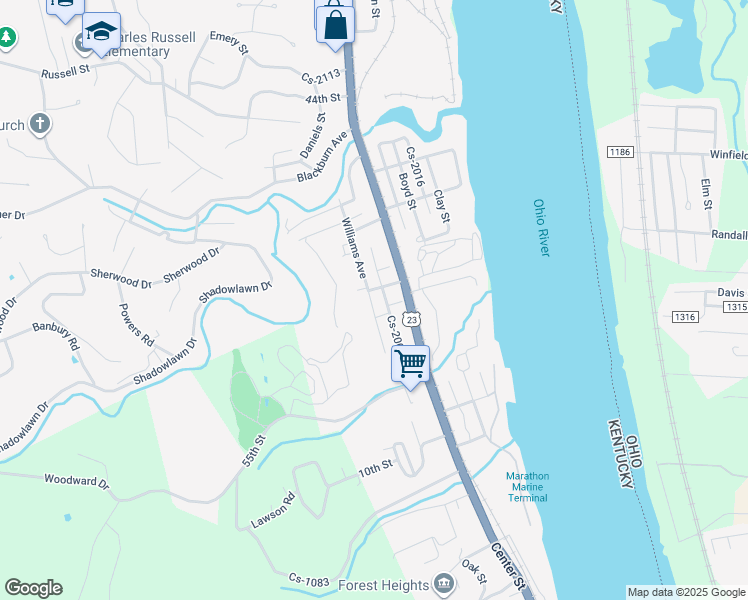 map of restaurants, bars, coffee shops, grocery stores, and more near 5213 Williams Avenue in Ashland
