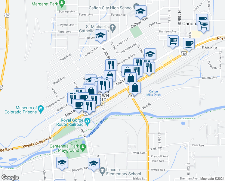 map of restaurants, bars, coffee shops, grocery stores, and more near 728 Main Street in Cañon City