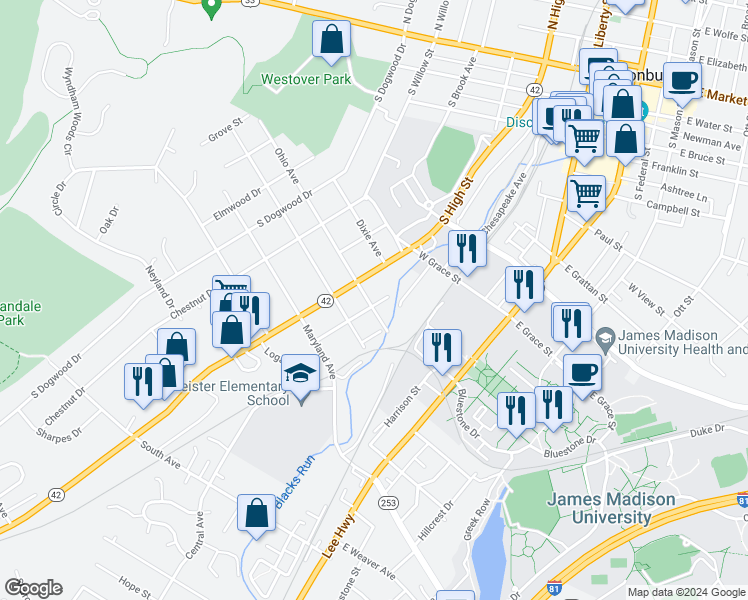 map of restaurants, bars, coffee shops, grocery stores, and more near 531 Roosevelt Street in Harrisonburg
