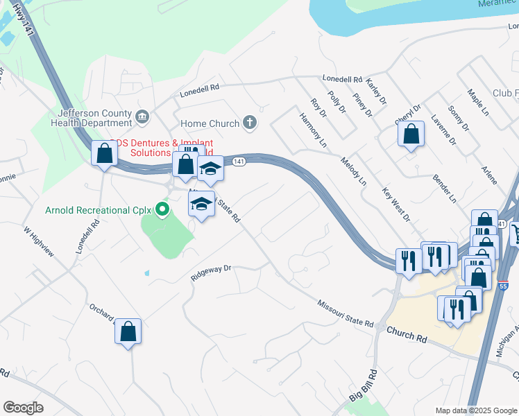 map of restaurants, bars, coffee shops, grocery stores, and more near 346 Oak Ridge Parkway in Arnold