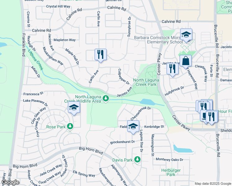map of restaurants, bars, coffee shops, grocery stores, and more near 6141 Jacinto Avenue in Sacramento