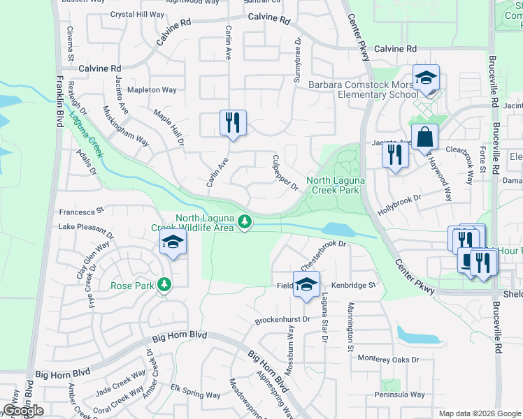map of restaurants, bars, coffee shops, grocery stores, and more near 6041 Jacinto Avenue in Sacramento
