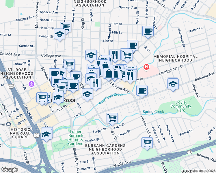 map of restaurants, bars, coffee shops, grocery stores, and more near 874 3rd Street in Santa Rosa