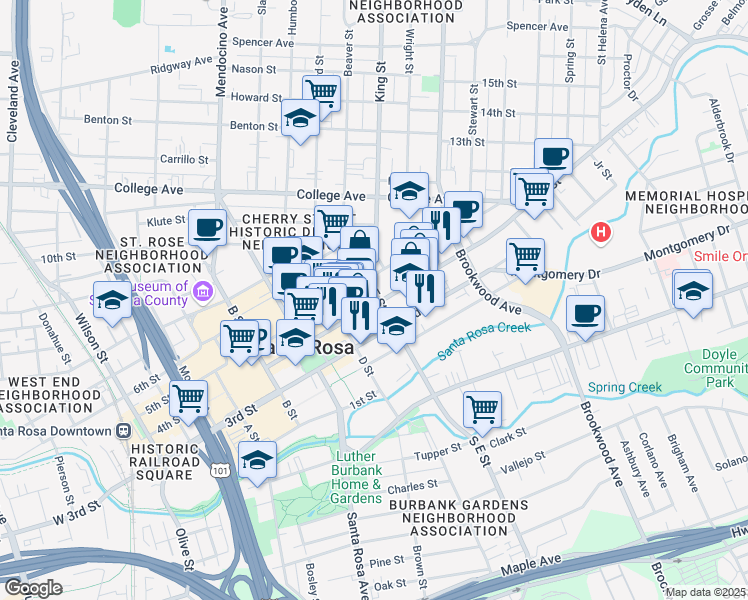 map of restaurants, bars, coffee shops, grocery stores, and more near 802 4th Street in Santa Rosa