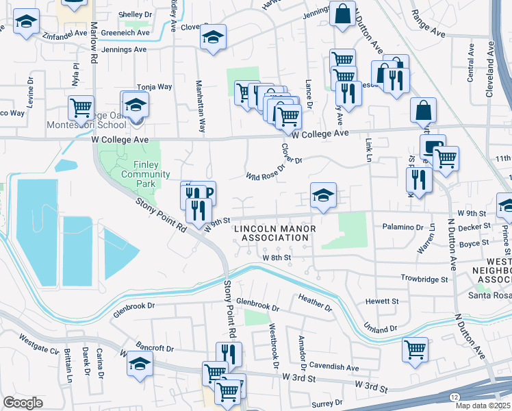 map of restaurants, bars, coffee shops, grocery stores, and more near 721 Blair Place in Santa Rosa