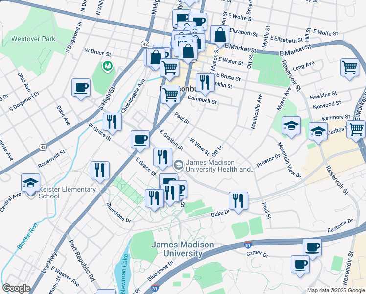 map of restaurants, bars, coffee shops, grocery stores, and more near 594 South Mason Street in Harrisonburg