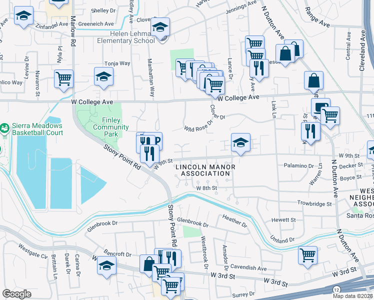 map of restaurants, bars, coffee shops, grocery stores, and more near 726 Agnew Place in Santa Rosa