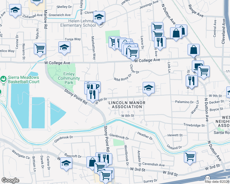 map of restaurants, bars, coffee shops, grocery stores, and more near 726 Agnew Place in Santa Rosa