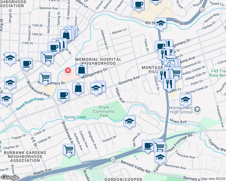 map of restaurants, bars, coffee shops, grocery stores, and more near 613 Codding Drive in Santa Rosa