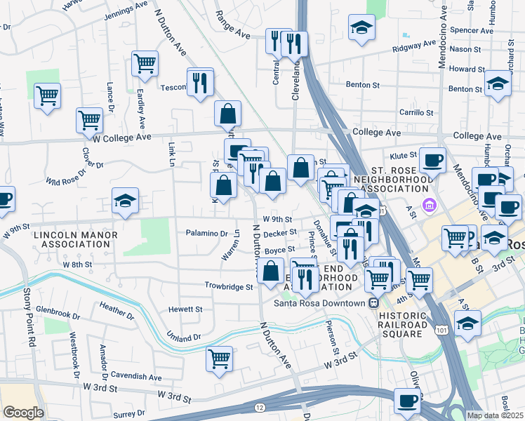 map of restaurants, bars, coffee shops, grocery stores, and more near 928 North Dutton Avenue in Santa Rosa