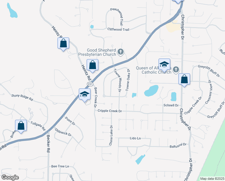 map of restaurants, bars, coffee shops, grocery stores, and more near 2736 Towne Crest Drive in St. Louis