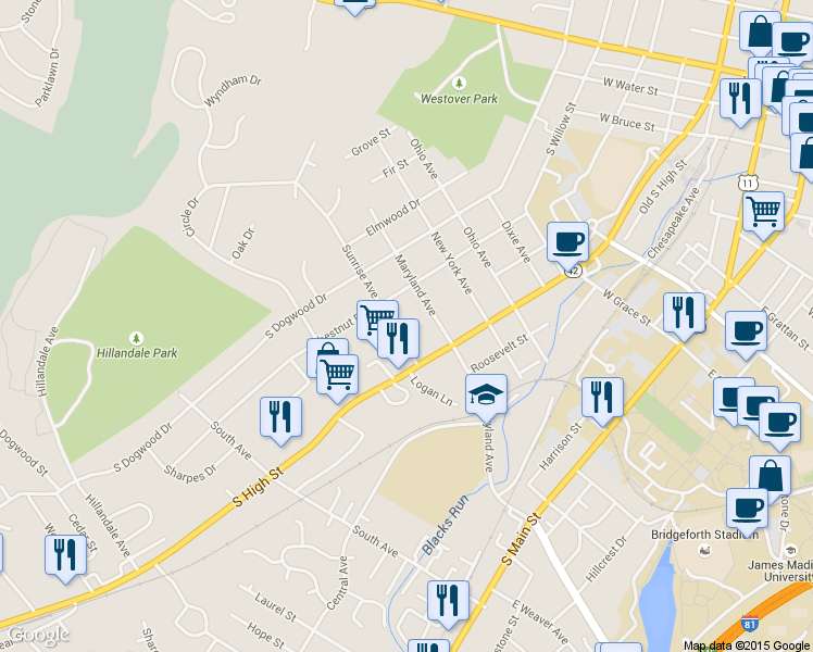 map of restaurants, bars, coffee shops, grocery stores, and more near 320 Sunrise Avenue in Harrisonburg