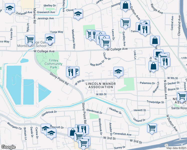 map of restaurants, bars, coffee shops, grocery stores, and more near 721 Blair Place in Santa Rosa