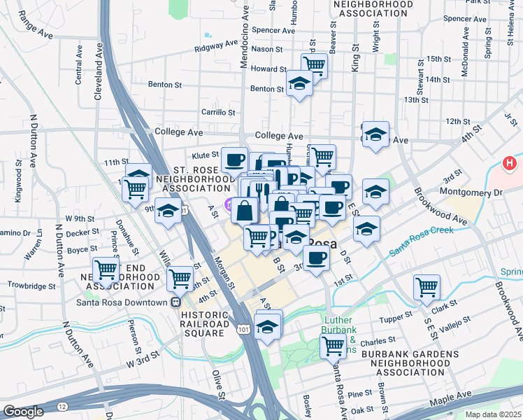 map of restaurants, bars, coffee shops, grocery stores, and more near 522 7th Street in Santa Rosa
