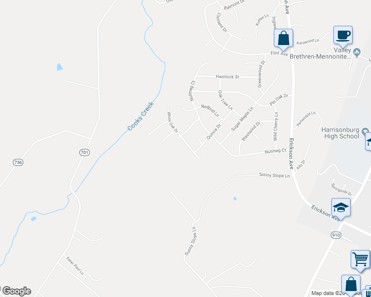 map of restaurants, bars, coffee shops, grocery stores, and more near 3345 White Oak Drive in Harrisonburg