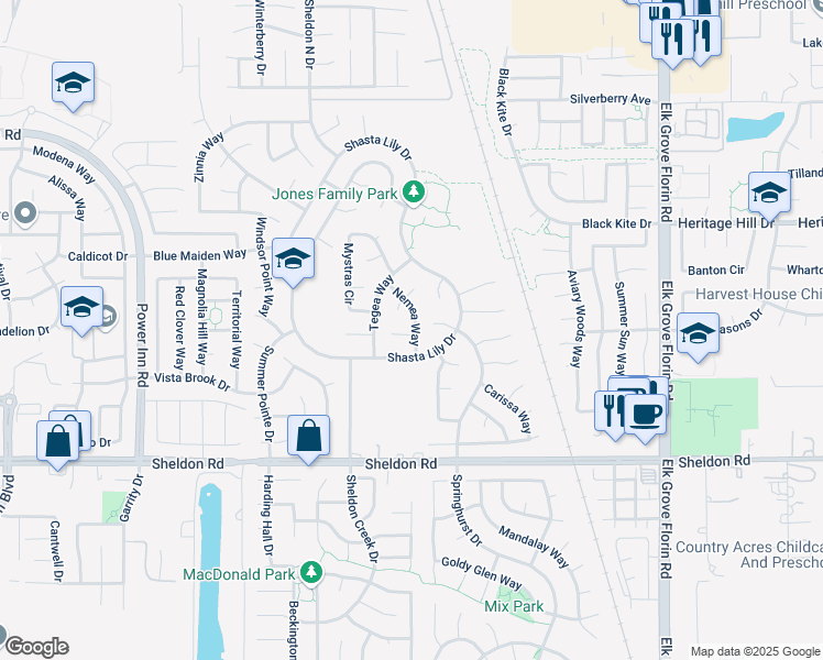 map of restaurants, bars, coffee shops, grocery stores, and more near 8683 Minoan Court in Elk Grove